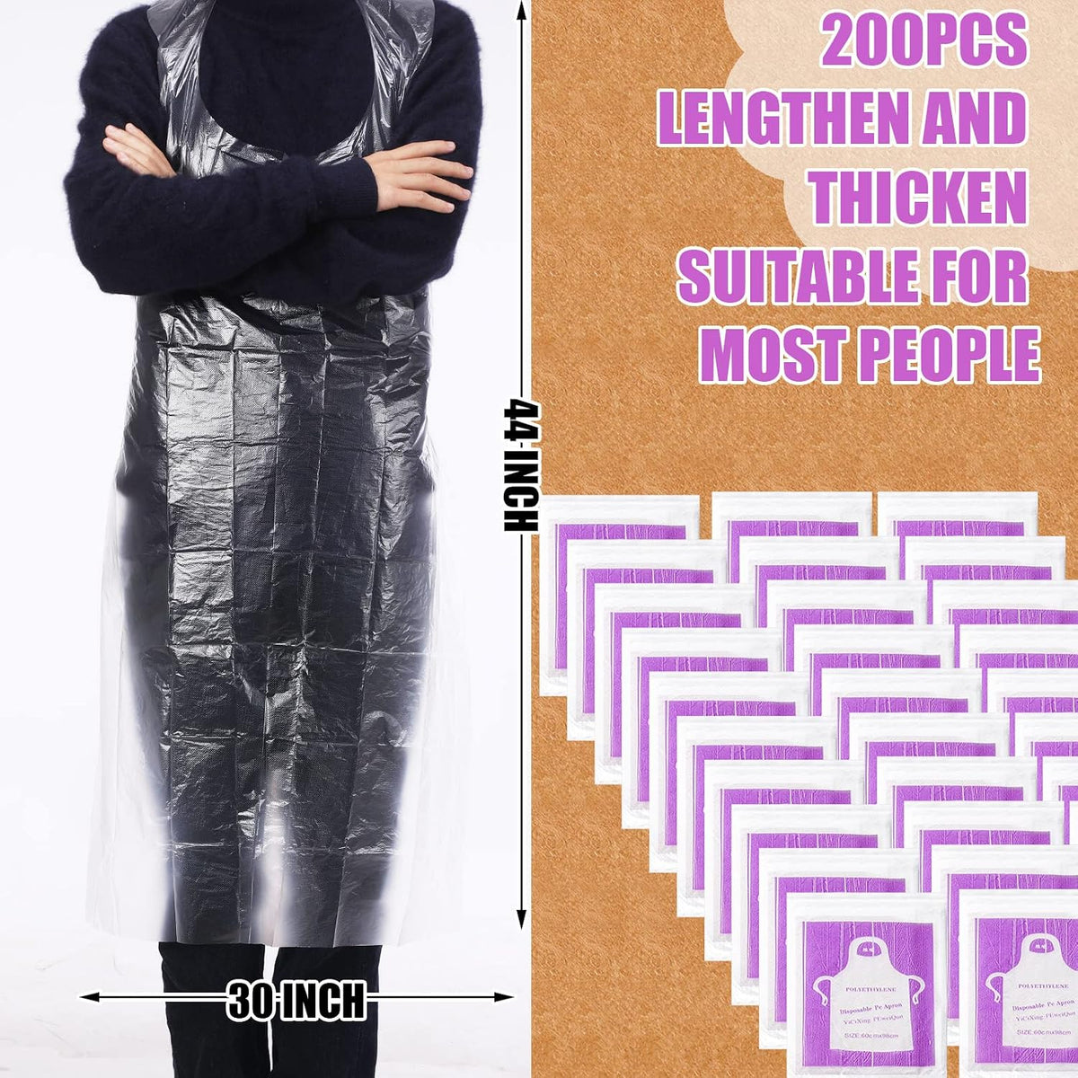 200 Pack 44 x 30'' Plastic Disposable Aprons Large Clear for Cooking