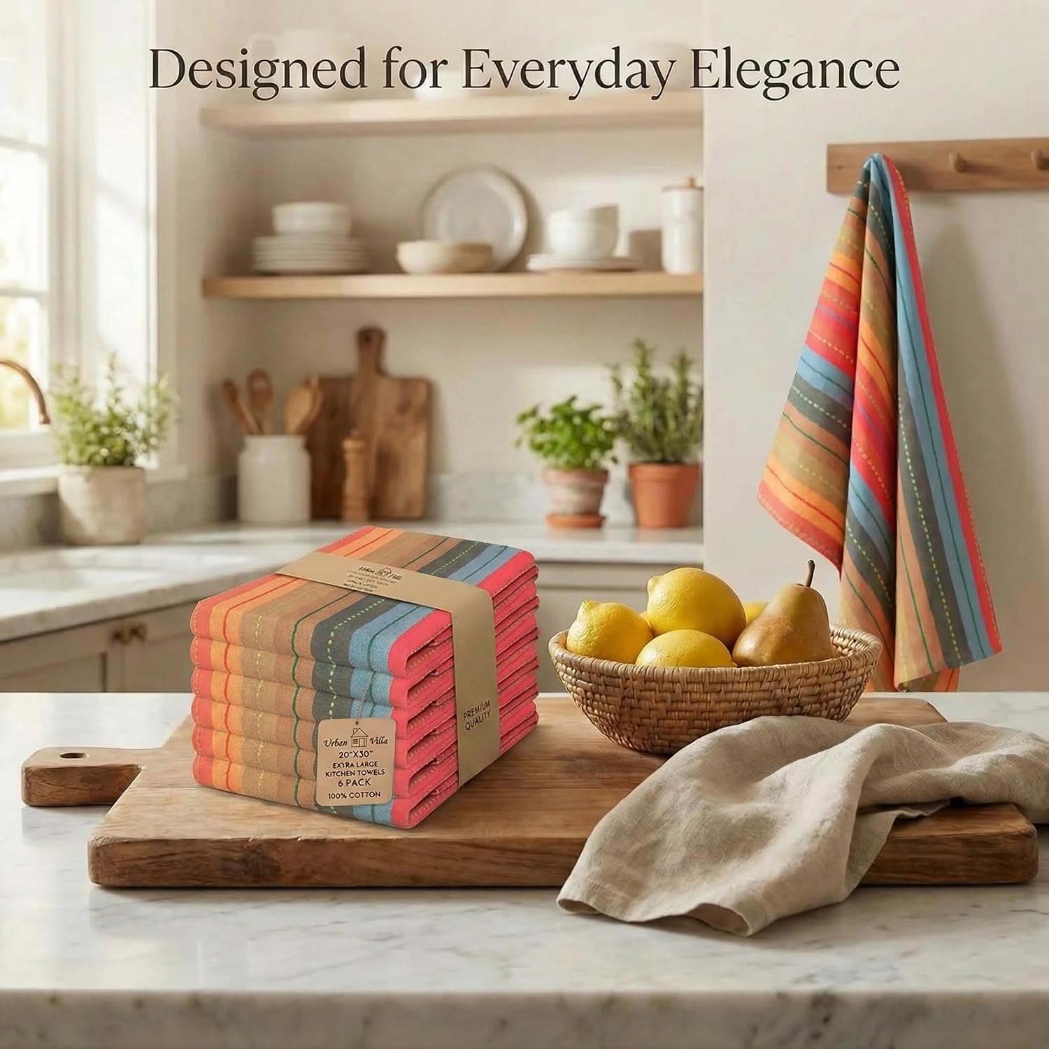 Kitchen Towels 100% Cotton Dish Towels for Kitchen (Set of 6) 20"x30" Highly Absorbent Kitchen Linen Set with Hanging