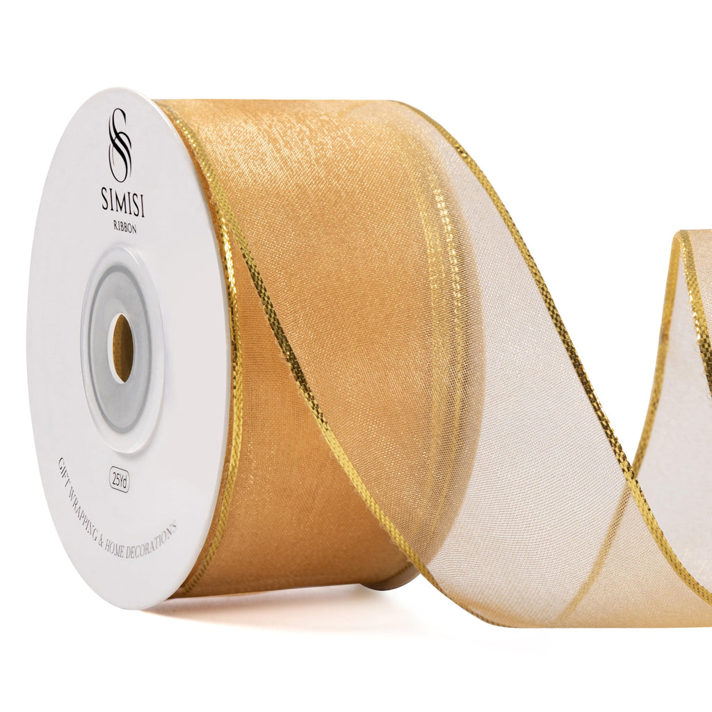 Gold Christmas Sheer Organza Ribbon Wired with Gold Border