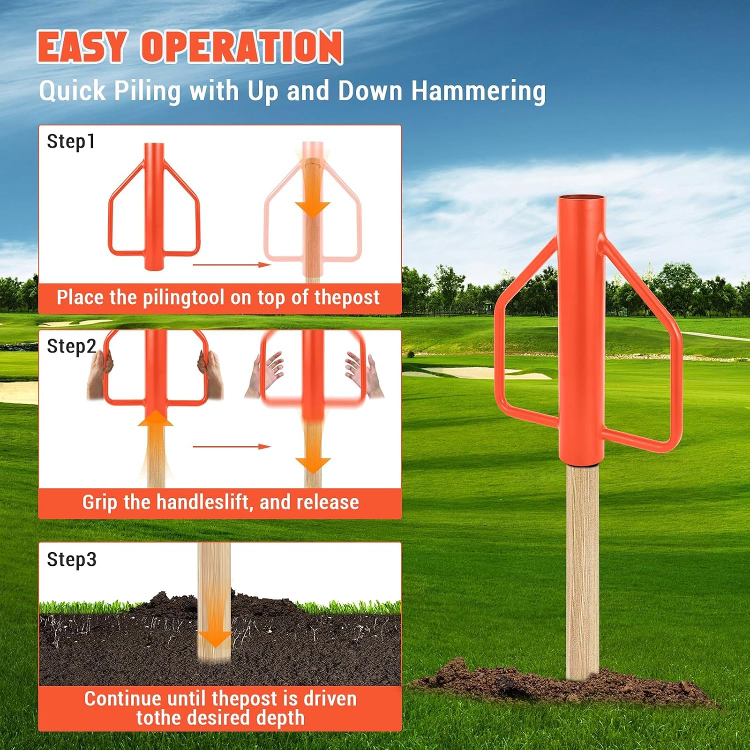 Fence Post Driver t-Post Pounder, Heavy Duty Steel Post Hammer with Handle for Wooden/u-Channel/Metal Fences