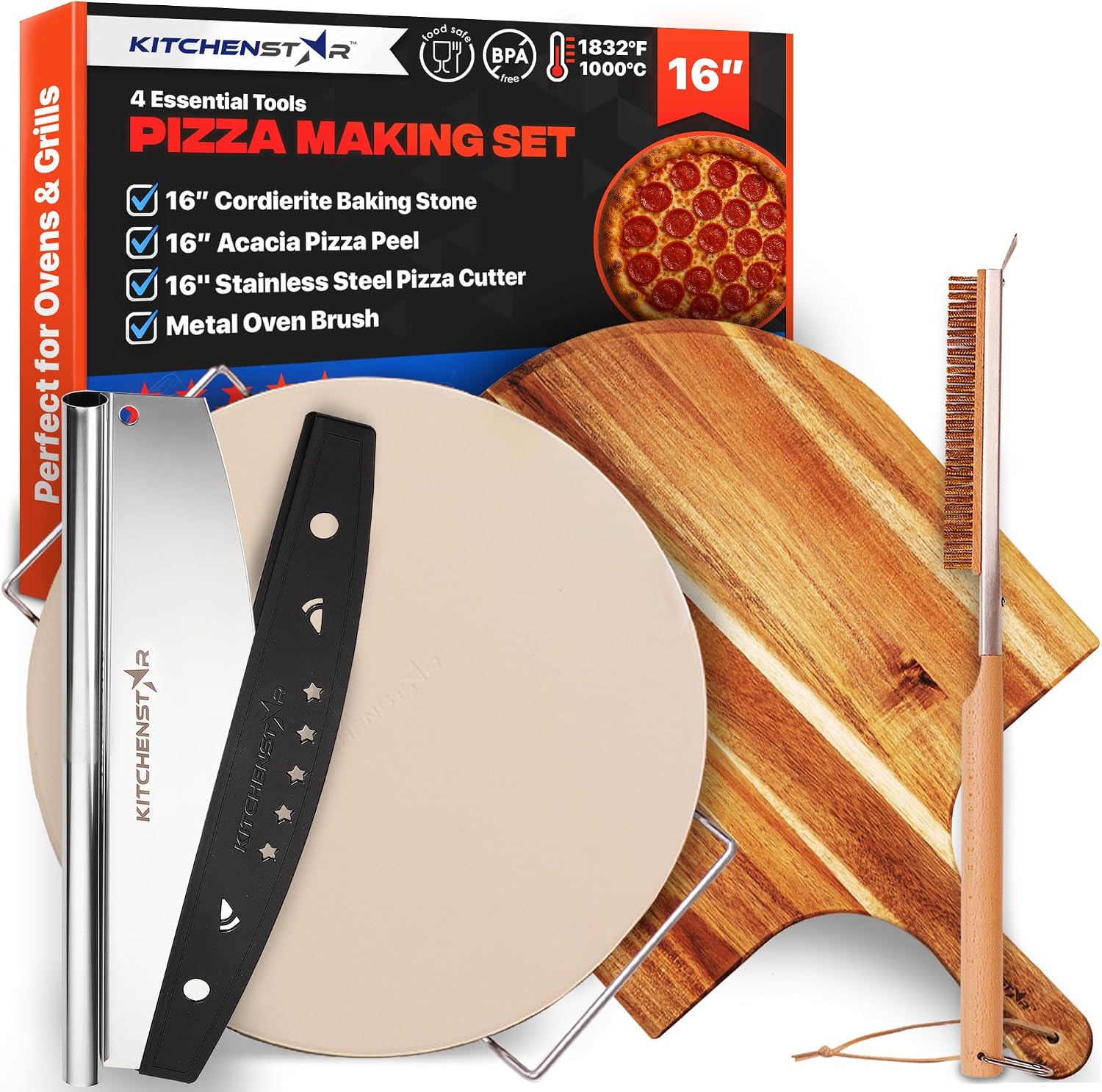 Pizza Stone Set for Oven and Grill – 16 Inch Cordierite Baking Stone, 1800°F Resistant, 6-Piece Kit with Acacia Wood