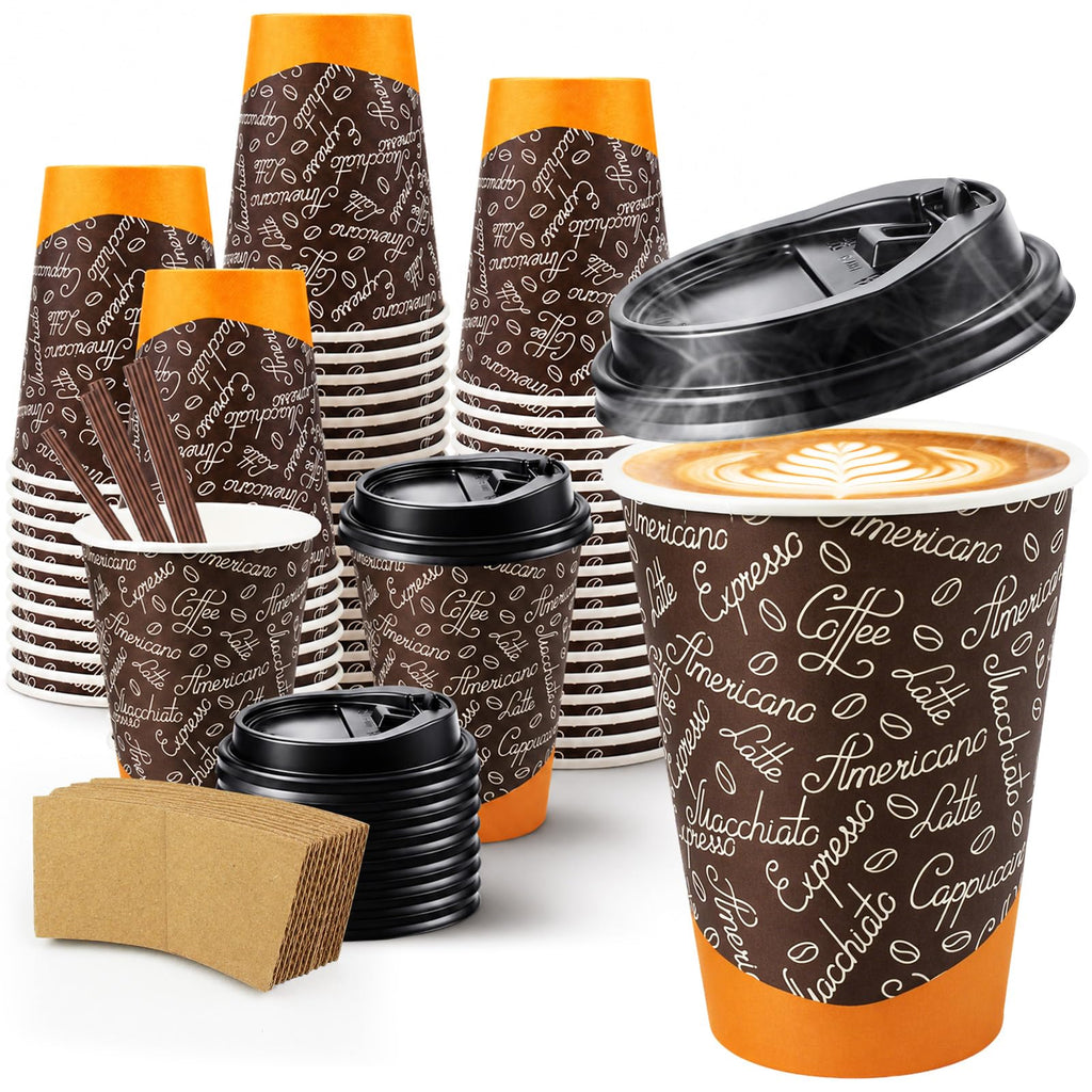 to Go Paper Coffee Cups with Lids and Straws 12 oz, Café Design 100 Pack Disposable Coffee Cups with Sleeves for Hot