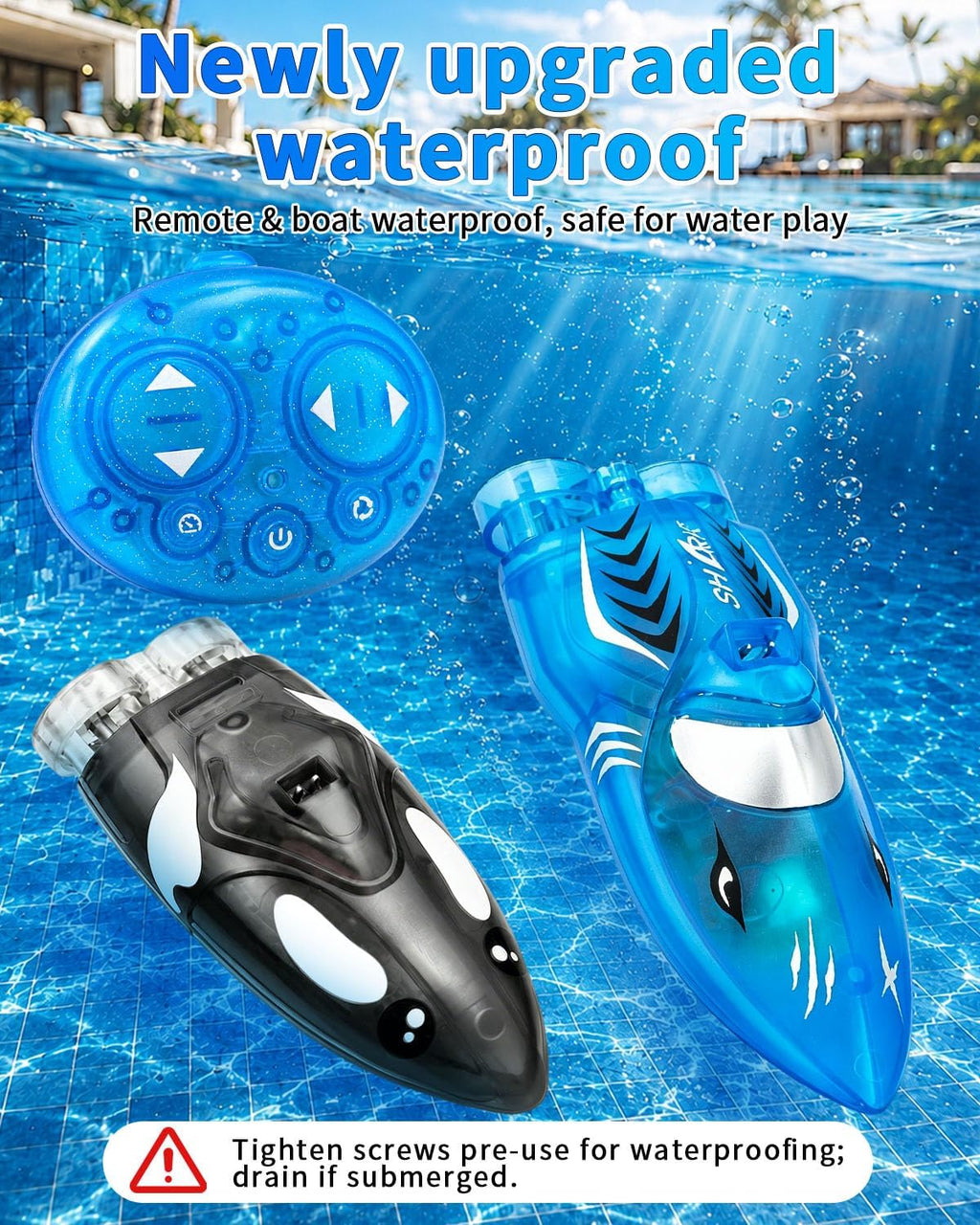 3.2" Mini RC Boat 2-Pack, Shark & Whale Toy with Inflatable Pool | 2.4GHz Remote Control Boat with Dual Motors, 360°