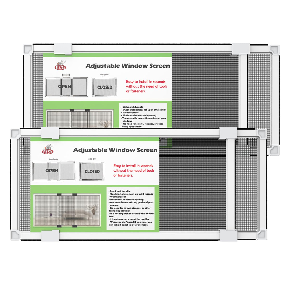 Adjustable Window Screen for Hung Windows, White Expandable Horizontal Sliding Screen, 10" H x 19-36" W with Black