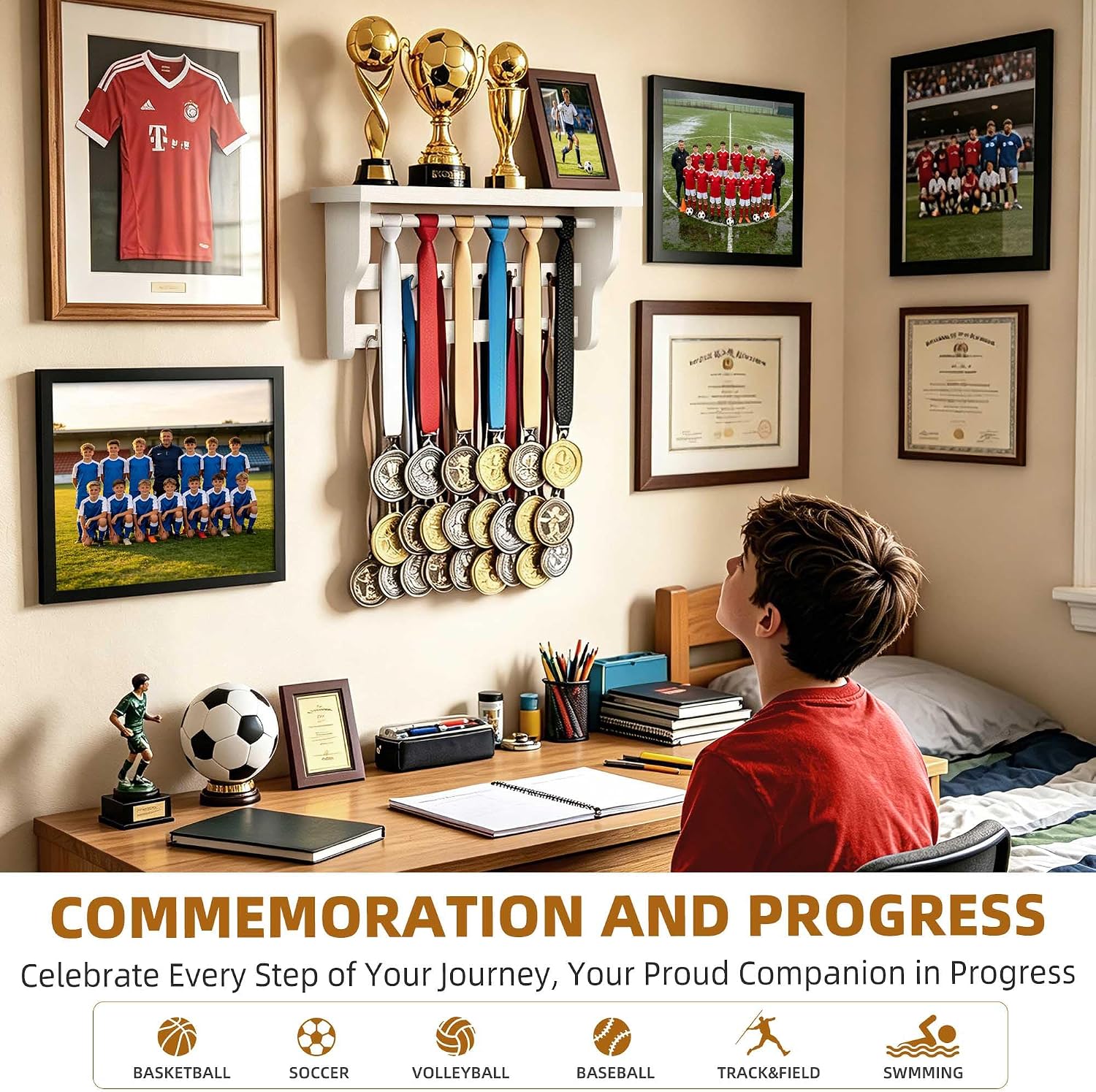 Medal Hanger Display, Large Capacity Trophy and Medal Display Shelf | Natural Solid Wood, Anti-Slip Groove, Widening