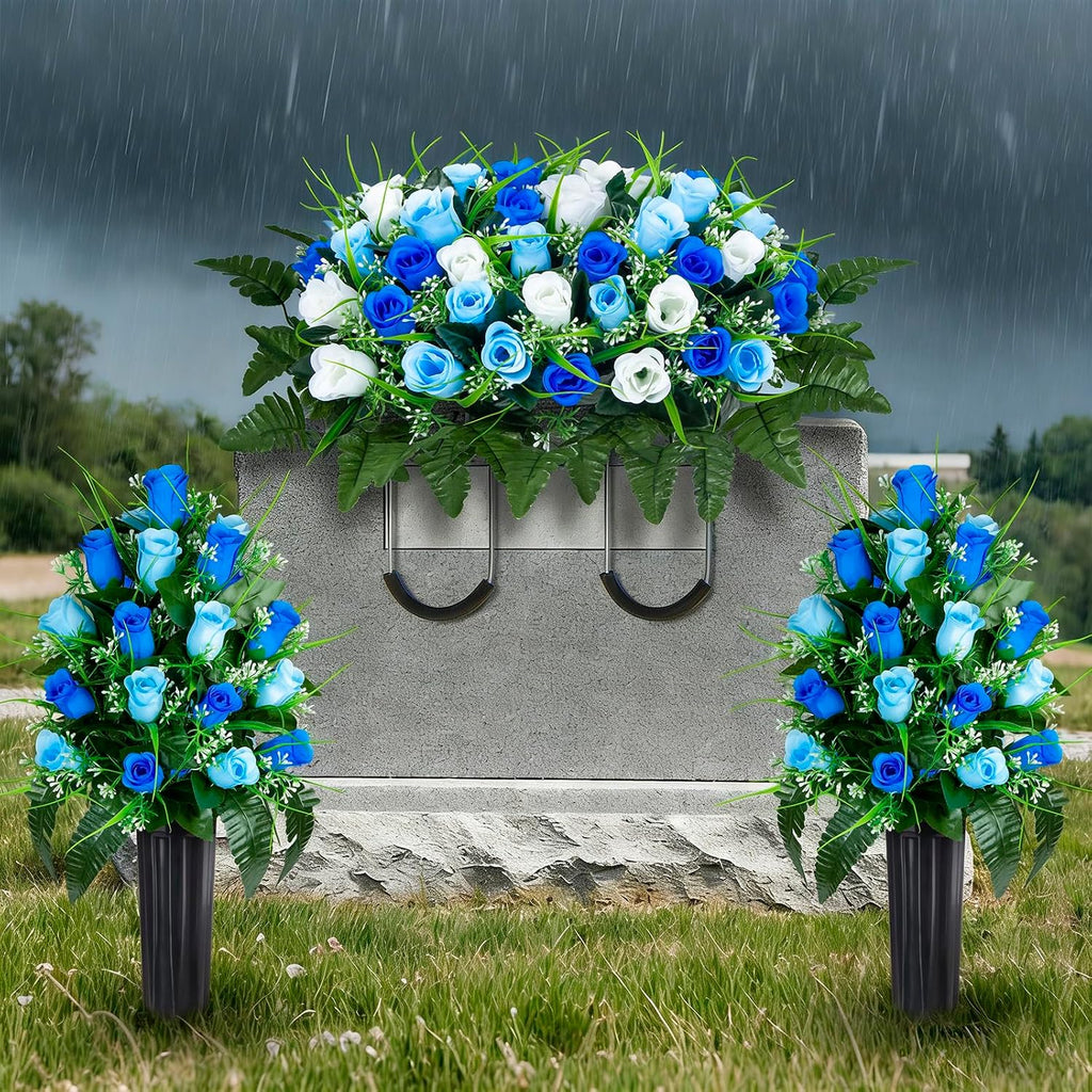 Artificial Cemetery Flowers Saddle, 2 Sets Grave Flowers Rose with Vase, Memorial Headstone Flowers Saddle for