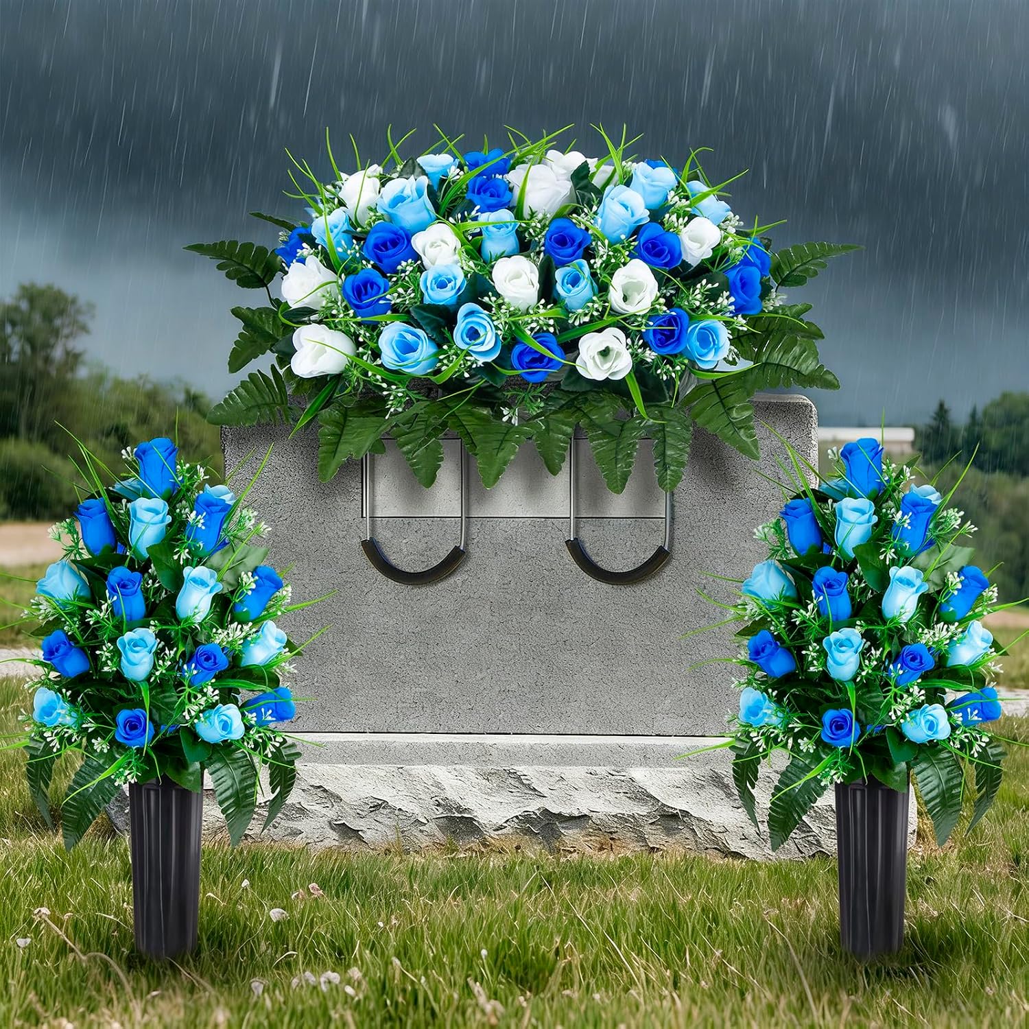 Artificial Cemetery Flowers Saddle, 2 Sets Grave Flowers Rose with Vase, Memorial Headstone Flowers Saddle for