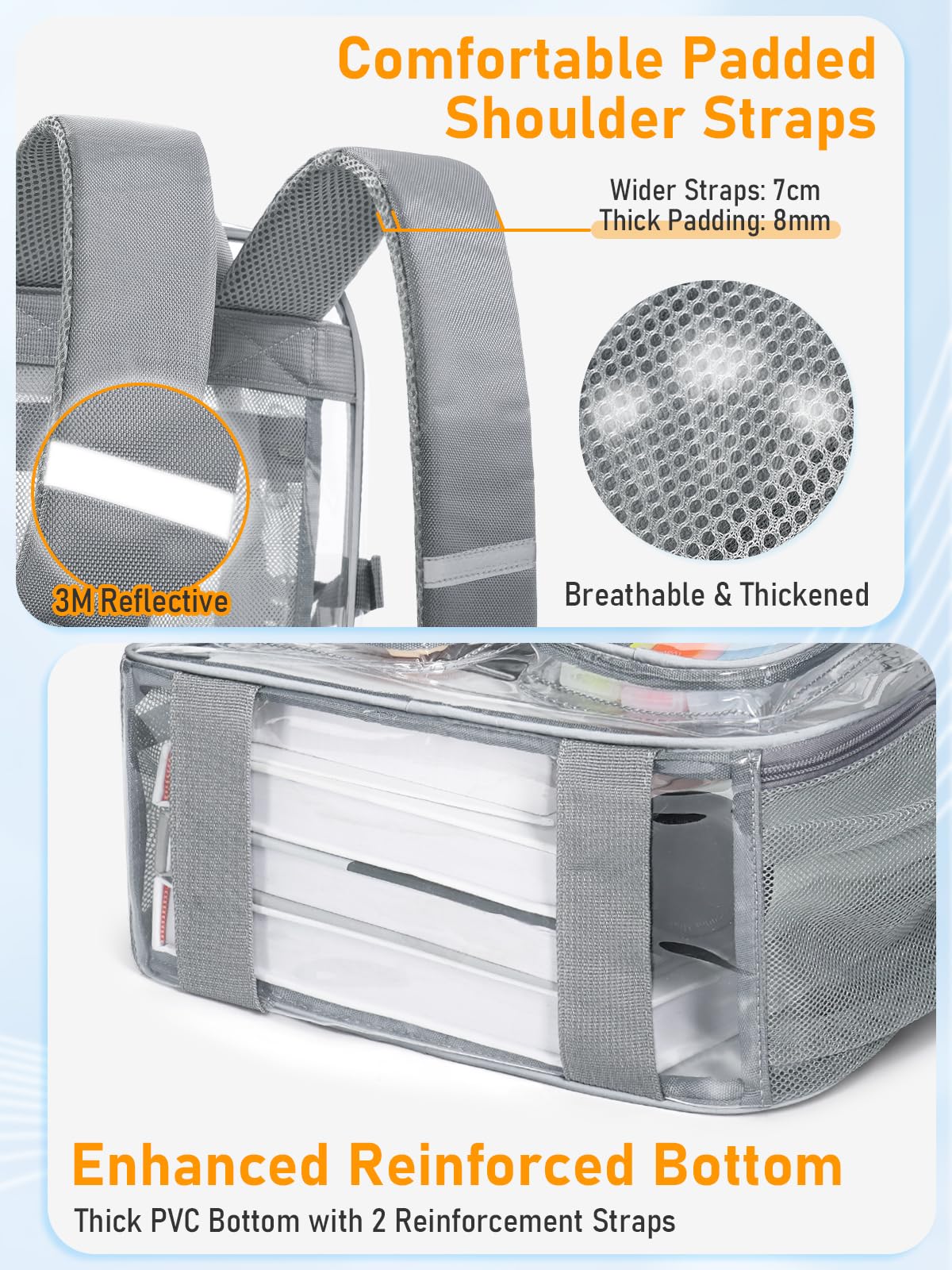 Clear Backpack for School, 17" Large Clear Bookbag with Reflective