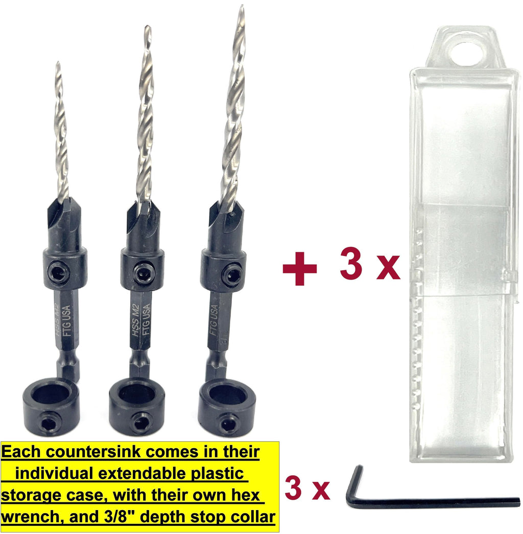 FTG USA 3 Pc #6#8#10 Countersink Drill Bit Set with Tapered Drill Bits Case