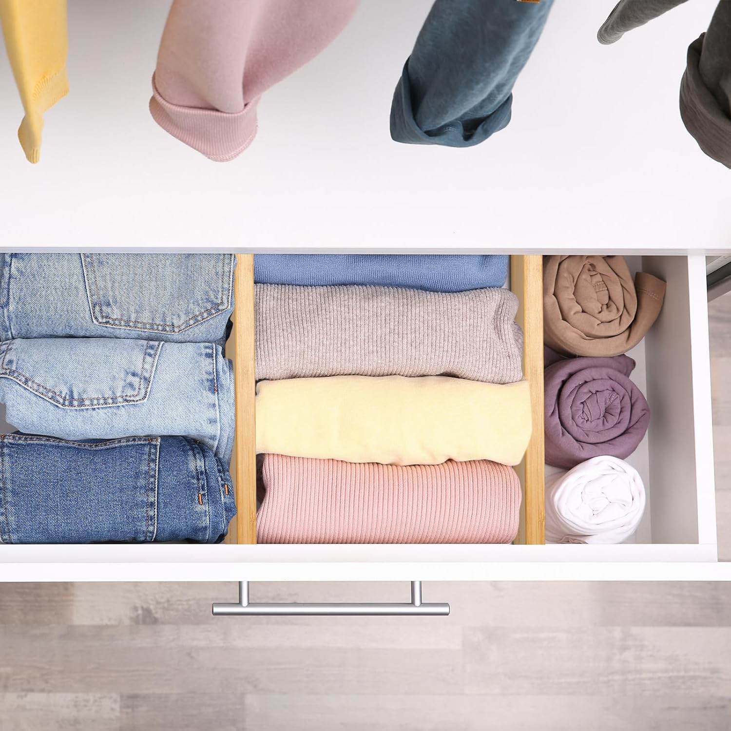 Dresser Drawer Organizers 6 Pack, 4.65'' High Adjustable from 12.5-17‘’ Bamboo Drawer Dividers for Clothing Baby