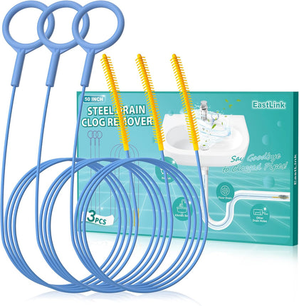 50 Inch Extra-Long Drain Snake 3 Pack, Reusable Drain Clog Remover | Anti-Break Steel Core with Nylon Layer, 0.22"