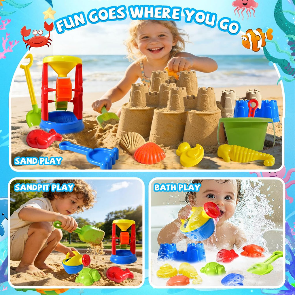 Beach Toys, 19 Piece Sand Toys Set Kids Sandbox Toys Includes Water Wheel Beach Tool Kit Bucket Watering Can Molds