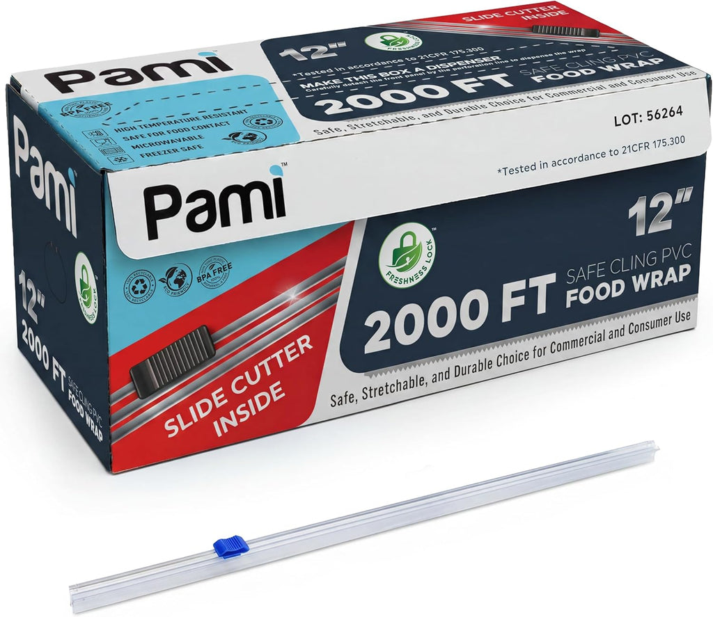 12 in x 2000 ft PVC Cling Wrap,Heavy Duty,Slide Cutter,Clear,Food Safe