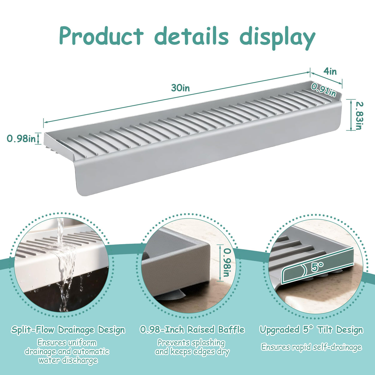 Silicone Sink Edge Protector Splash Guard, 30x4 Inch with Suction Cups & 5°Tilt, Cuttable for Kitchen Bathroom