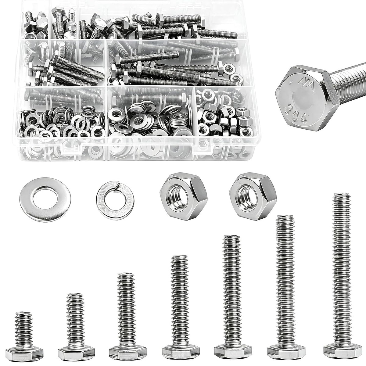 1/4-20 Hex Bolts Assortment Kit, with Hex Nuts, Flat & Lock Washers Set