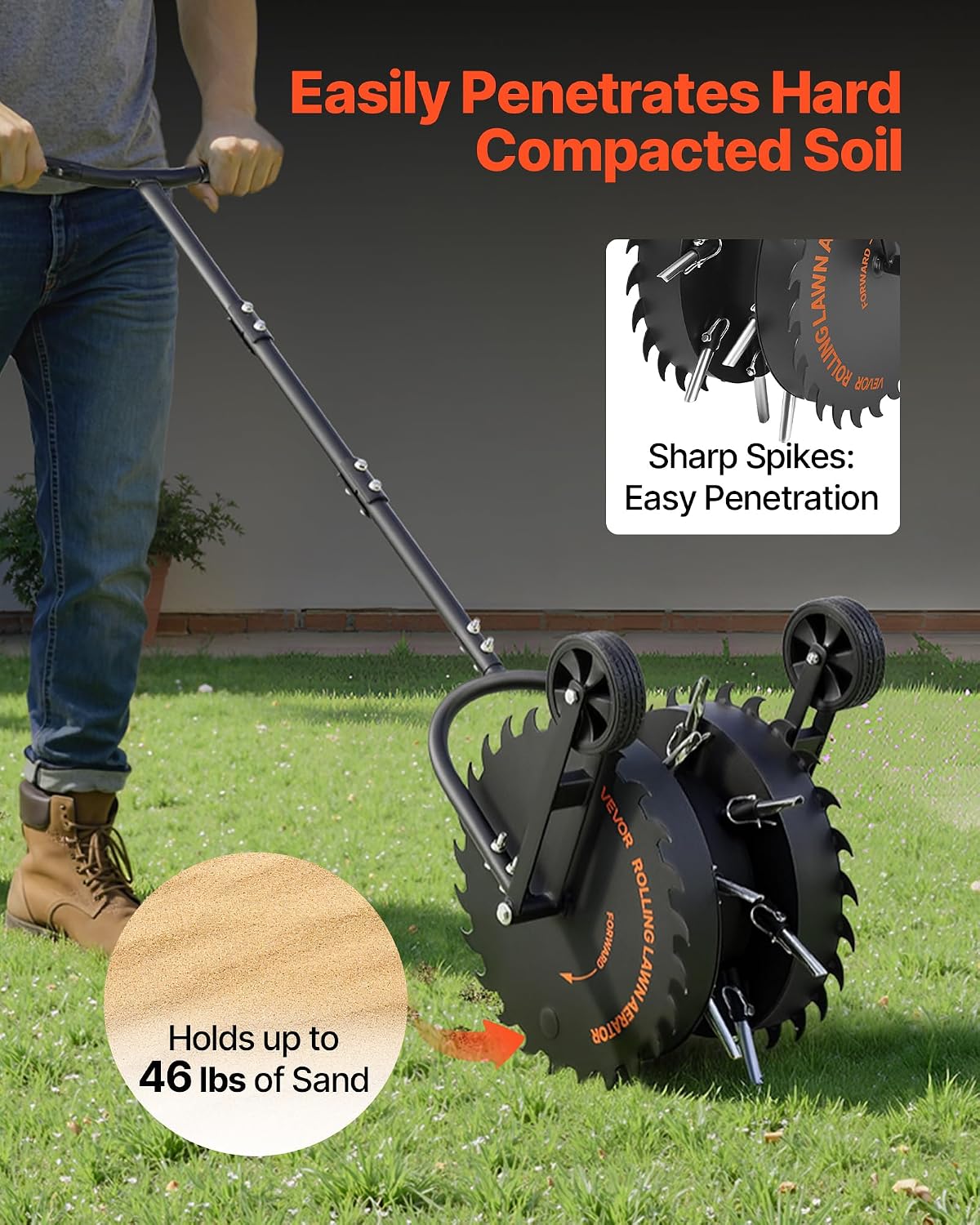 Rolling Lawn Core Aerator, 16.6 in Coring Aerator Roller with Anti-Clog Tines, Heavy Duty & Rust-Resistant, Yard