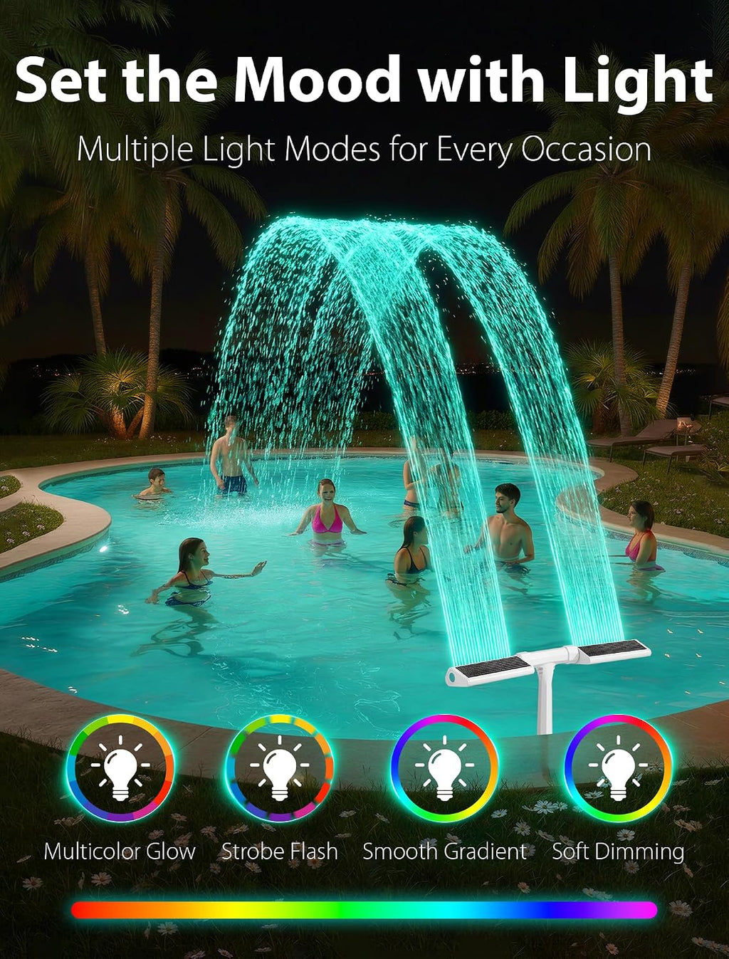 Solar Pool Fountain with Lights for Above Ground & Inground，White | Solar Powered Height Upgrade, 10-Color LED, 4