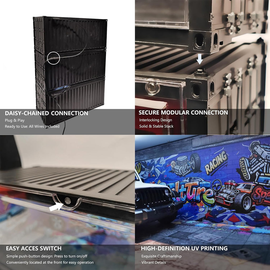 Display Case with LED Light for 1/18 Scale Model Car | Shipping Container Style Garage Diorama Show Case - Graffiti