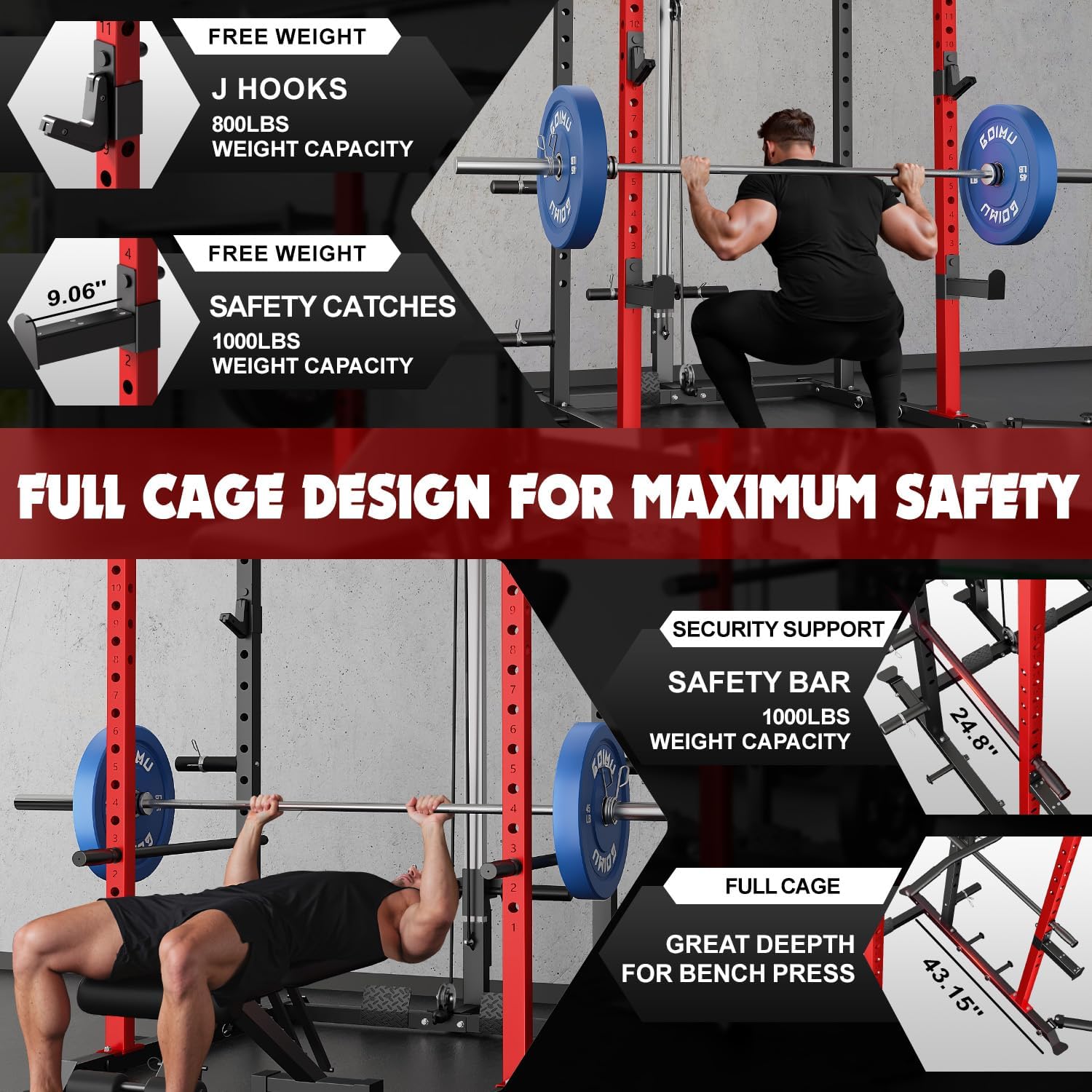 C1-V4 Power Cage, 2000LBS Squat Rack with LAT Pulldown, Multi-Function Weight Cage Strength Training Machine, Workout