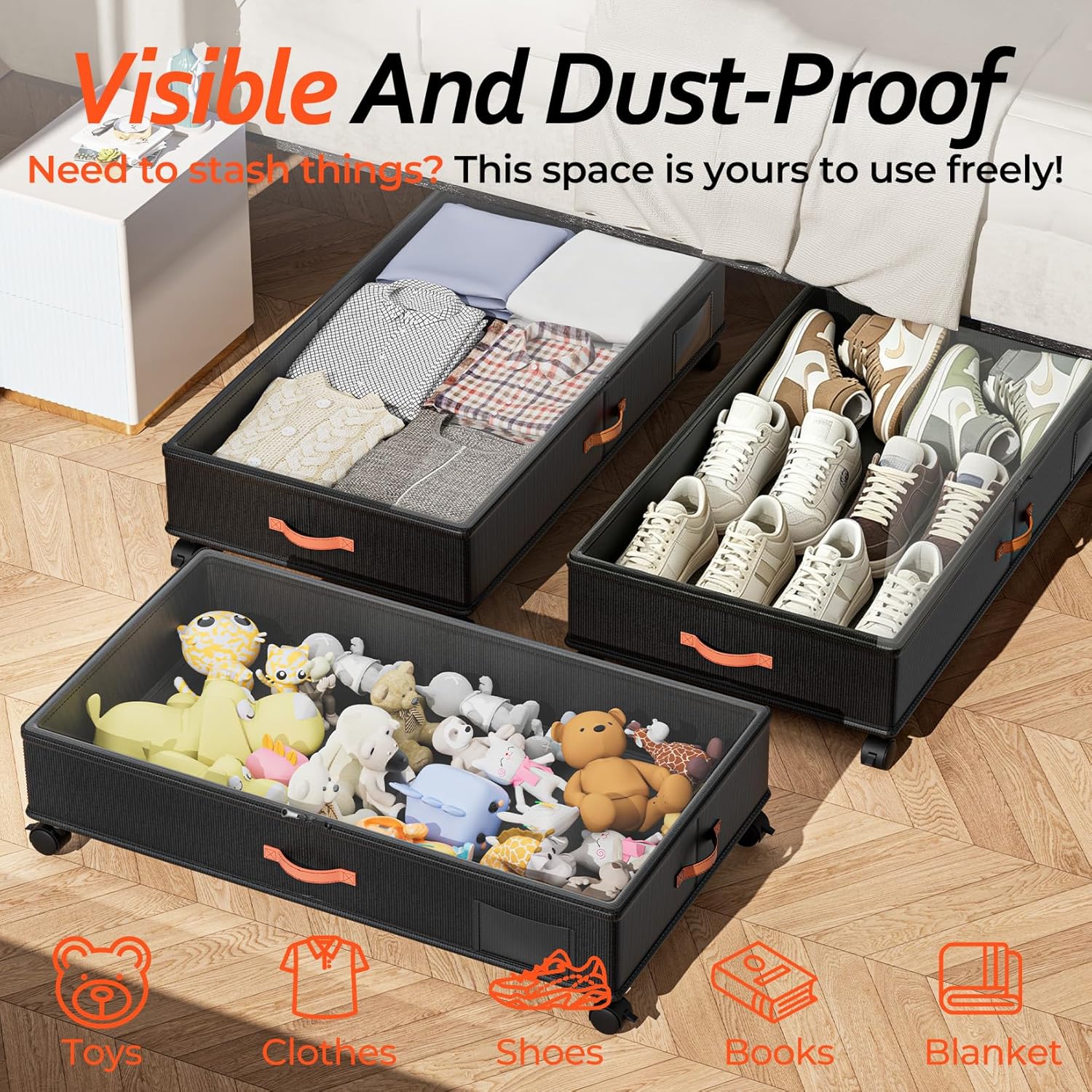 Under Bed Storage with Wheels 2-Pack, Under Bed Storage Containers 66L Clear Lids, Rolling Storage Drawers for