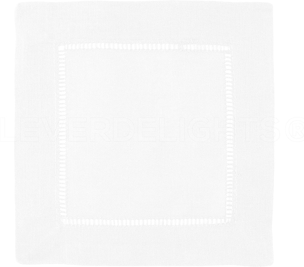 6" White Linen Hemstitch Cocktail Napkins - 12 Pack - 100% Linen