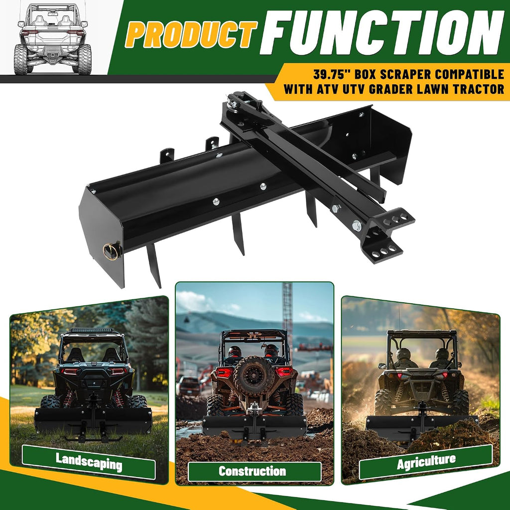 39.75" Box Scraper w/Adjustable Blade Sleeve Hitch Tow Compatible with ATV UTV Grader Lawn Tractor Attachments Behind