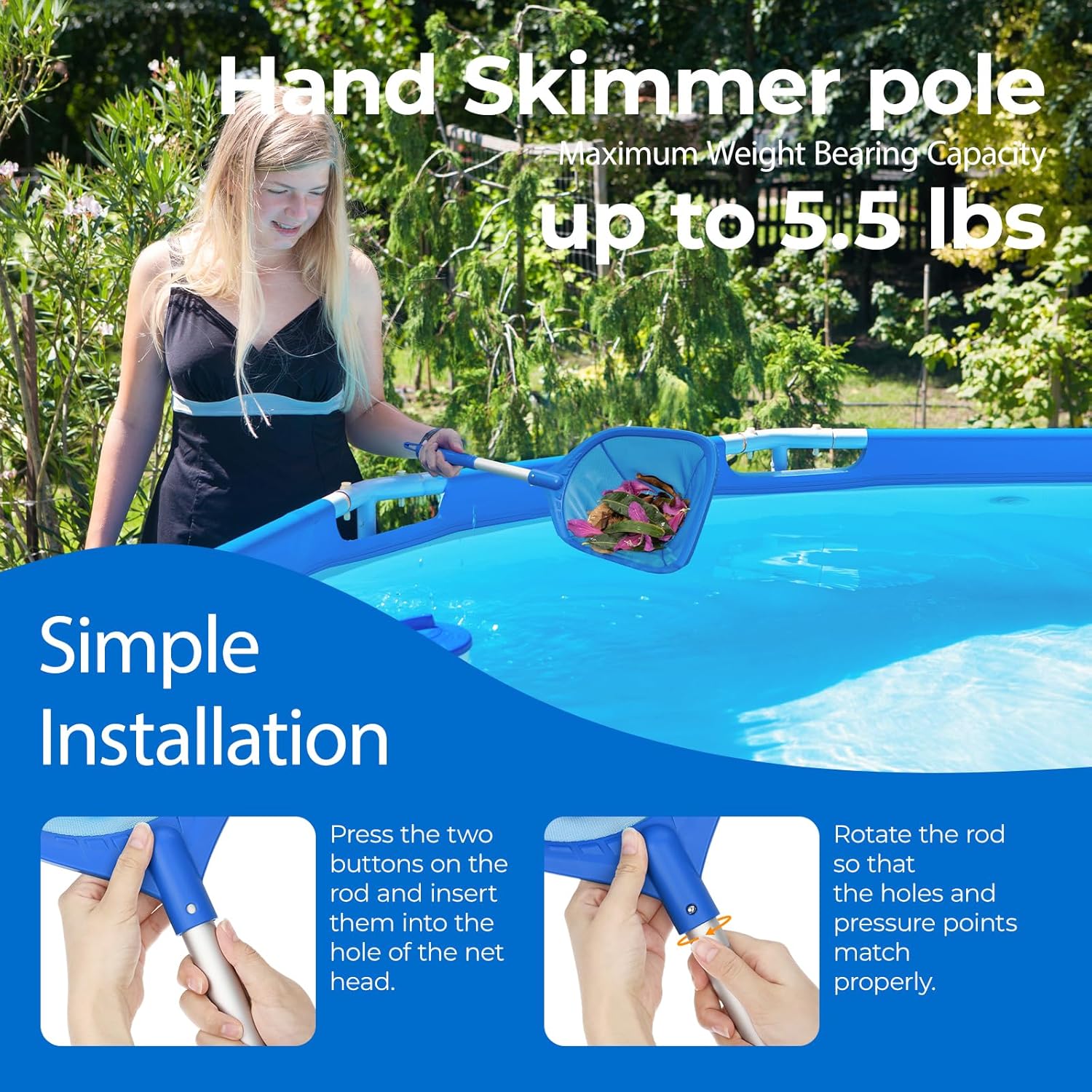 Swimming Pool Skimmer Net 26.8 inches, Leaf Rake Net with Fine Aluminum Pole for Fast Cleaning Ponds, Hot Tub, and