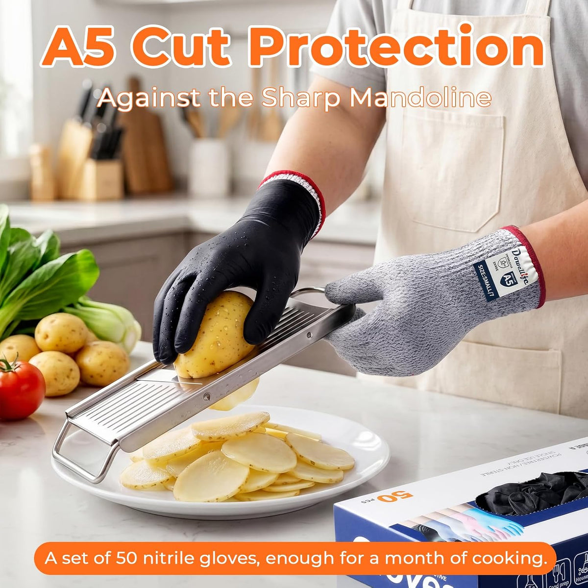 A5 Cut Resistant – Rarely Need Wash, with Nitrile Outer Gloves, Red/Black Cuffs, 13-Gauge Flexible Kitchen Gloves for
