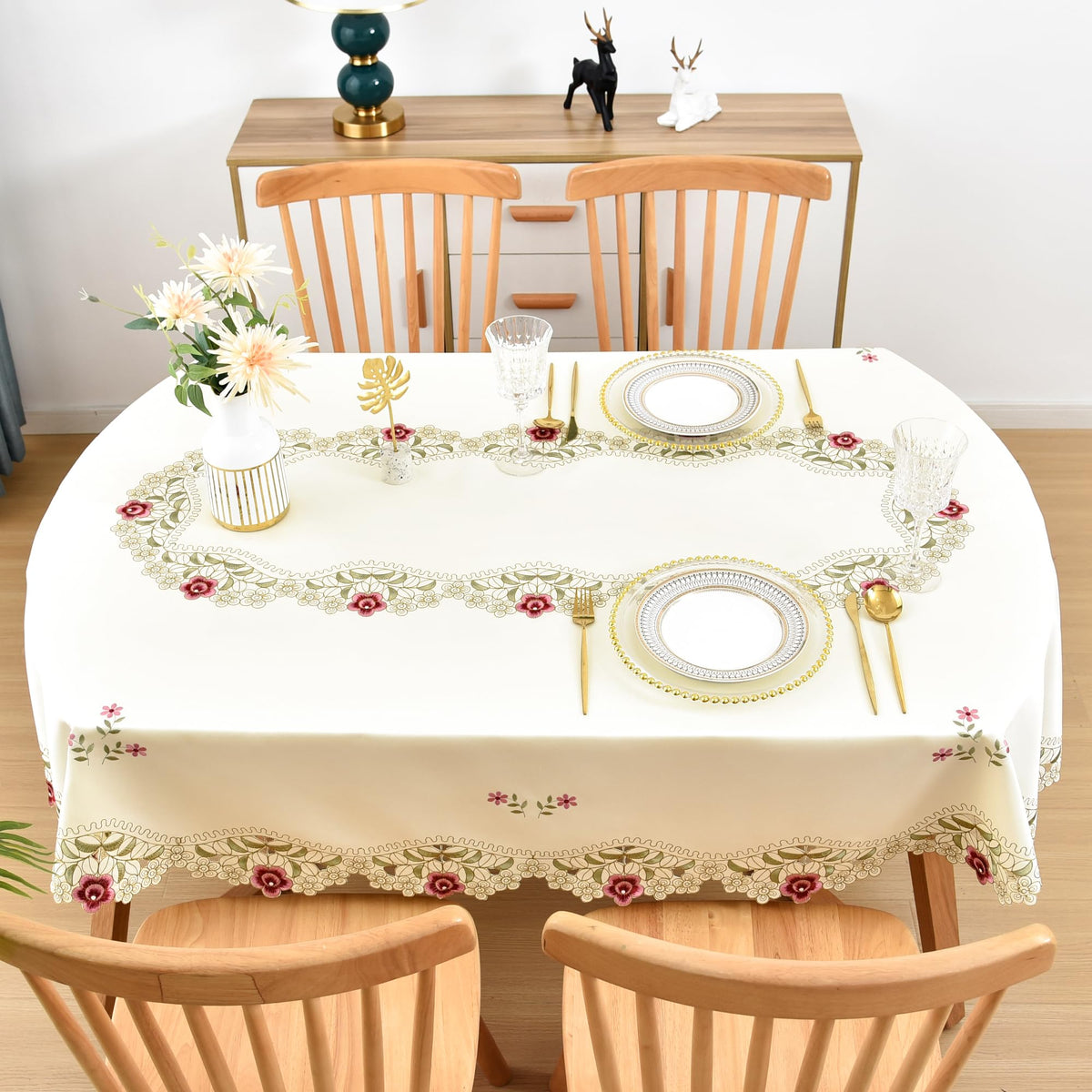 Jacquard Floral Embroidered Oval Tablecloth 60 x 84 inch