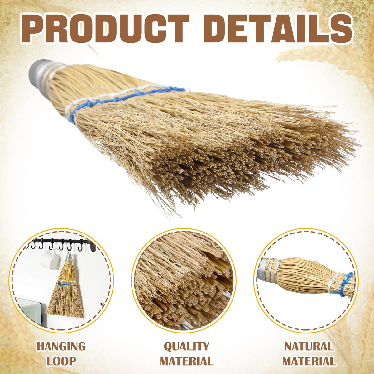 2 Pcs 12" Hand Held Whisk Broom Corn Straw with Metal Hanger