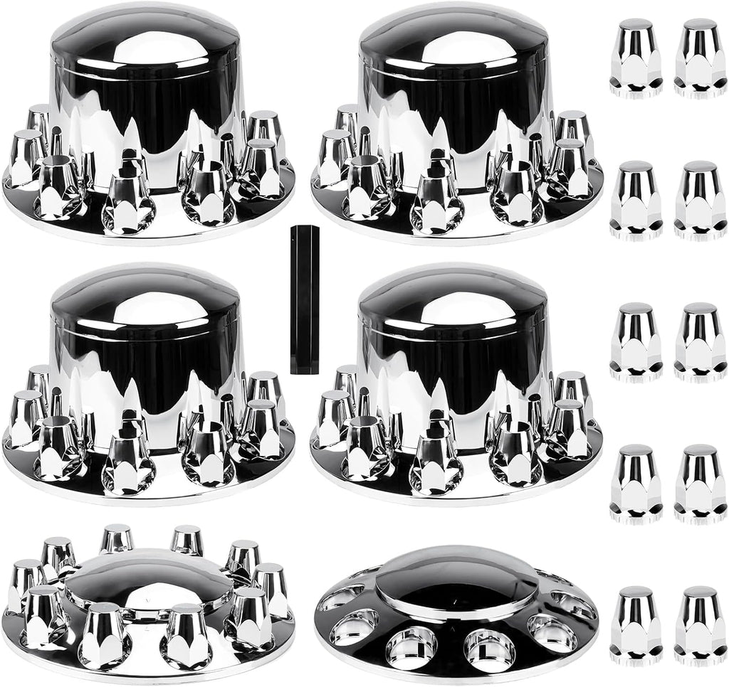 Chrome ABS 33 mm Thread-On Dome Axle Cover Combo Kit, 2 Front and 4 Rear with Removable Hub Caps and Lug Nut Covers