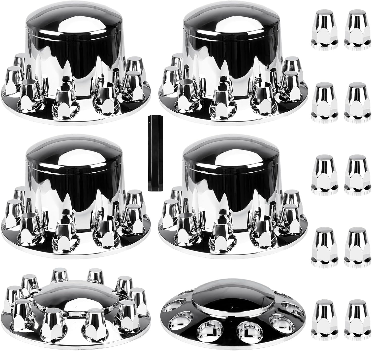 Chrome ABS 33 mm Thread-On Dome Axle Cover Combo Kit, 2 Front and 4 Rear with Removable Hub Caps and Lug Nut Covers