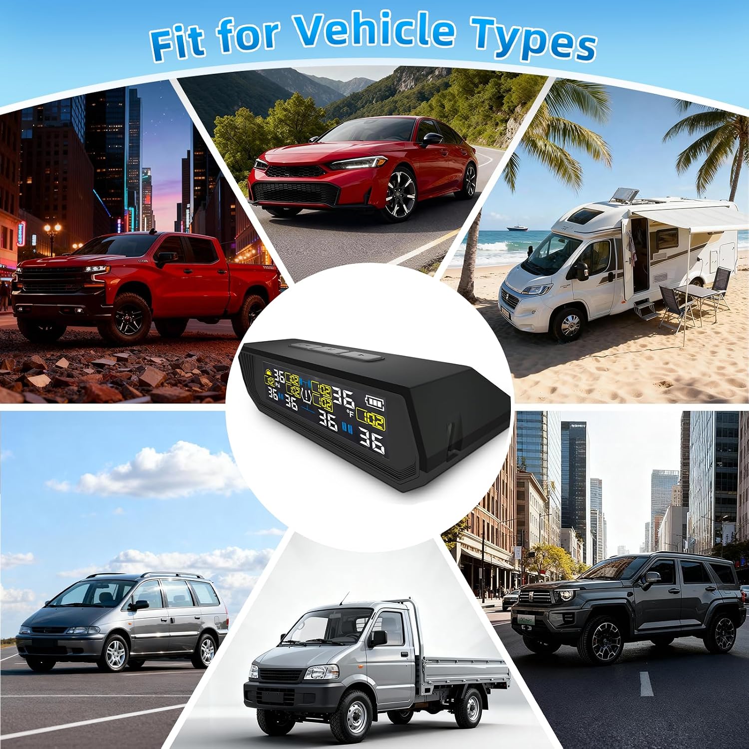Tire Pressure Monitoring System TPMS, Solar Charge Tire Pressure Monitor with 4 External Sensors & 6 Alarm Modes