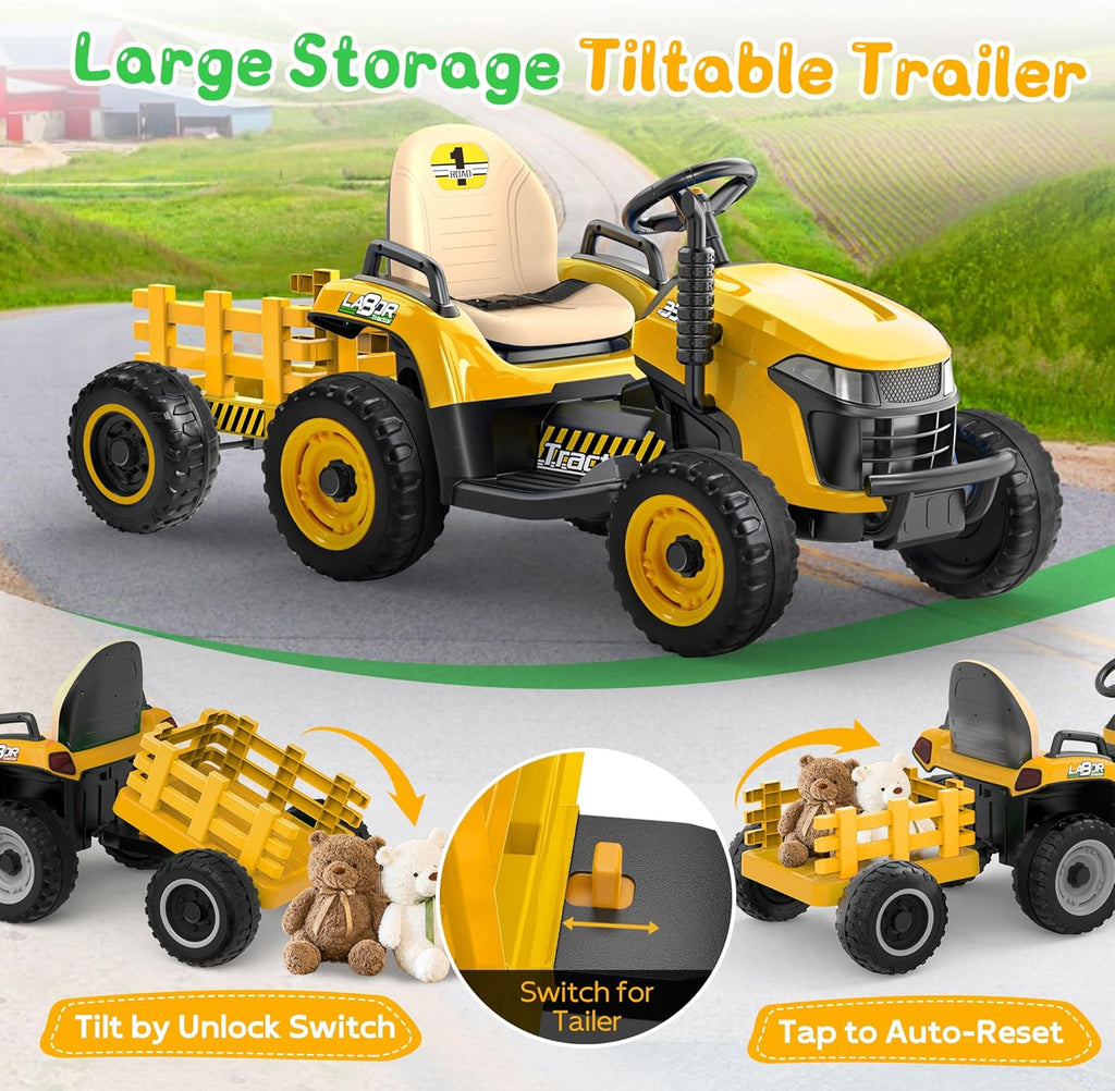 24V Ride On Tractor w/Tiltable & Detachable Trailer, EVA Tires, Up to 4.3Mph, Ride On Toys with Parental Remote