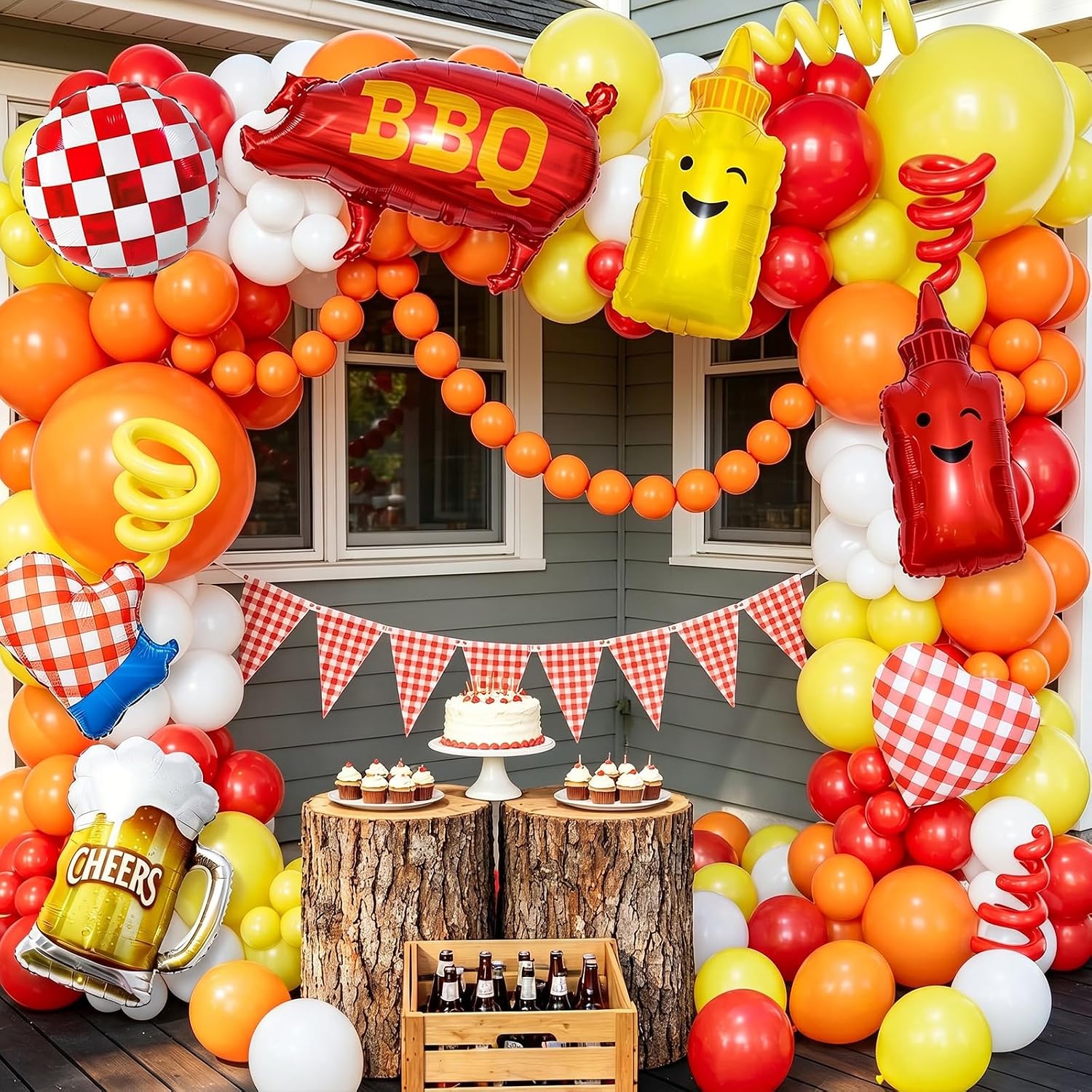 Hot Dog Balloons, BBQ Balloons, 170Pcs Hot-Dog Party Decorations Red Yellow and Orange Balloon Garland Arch Kit with