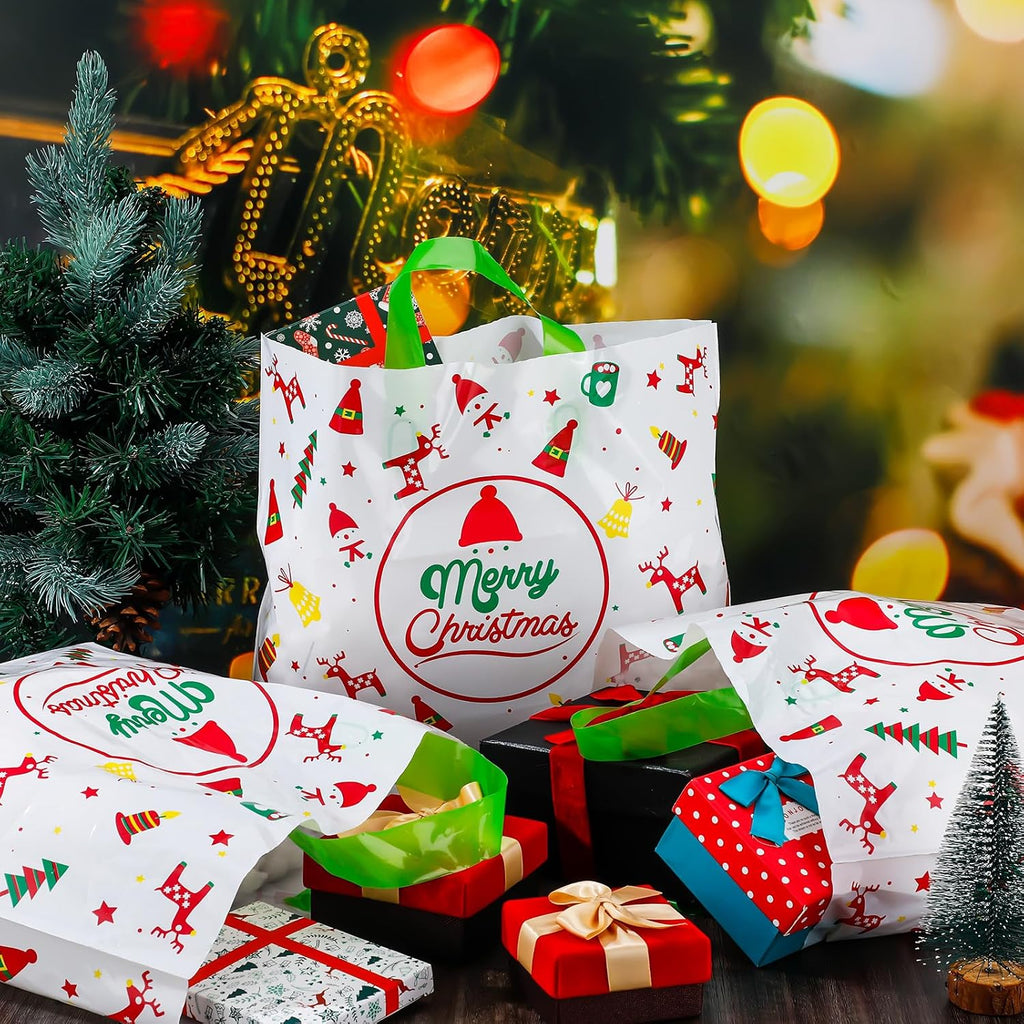 200 Pcs Large Christmas Gift Bags Plastic with Handles Reusable