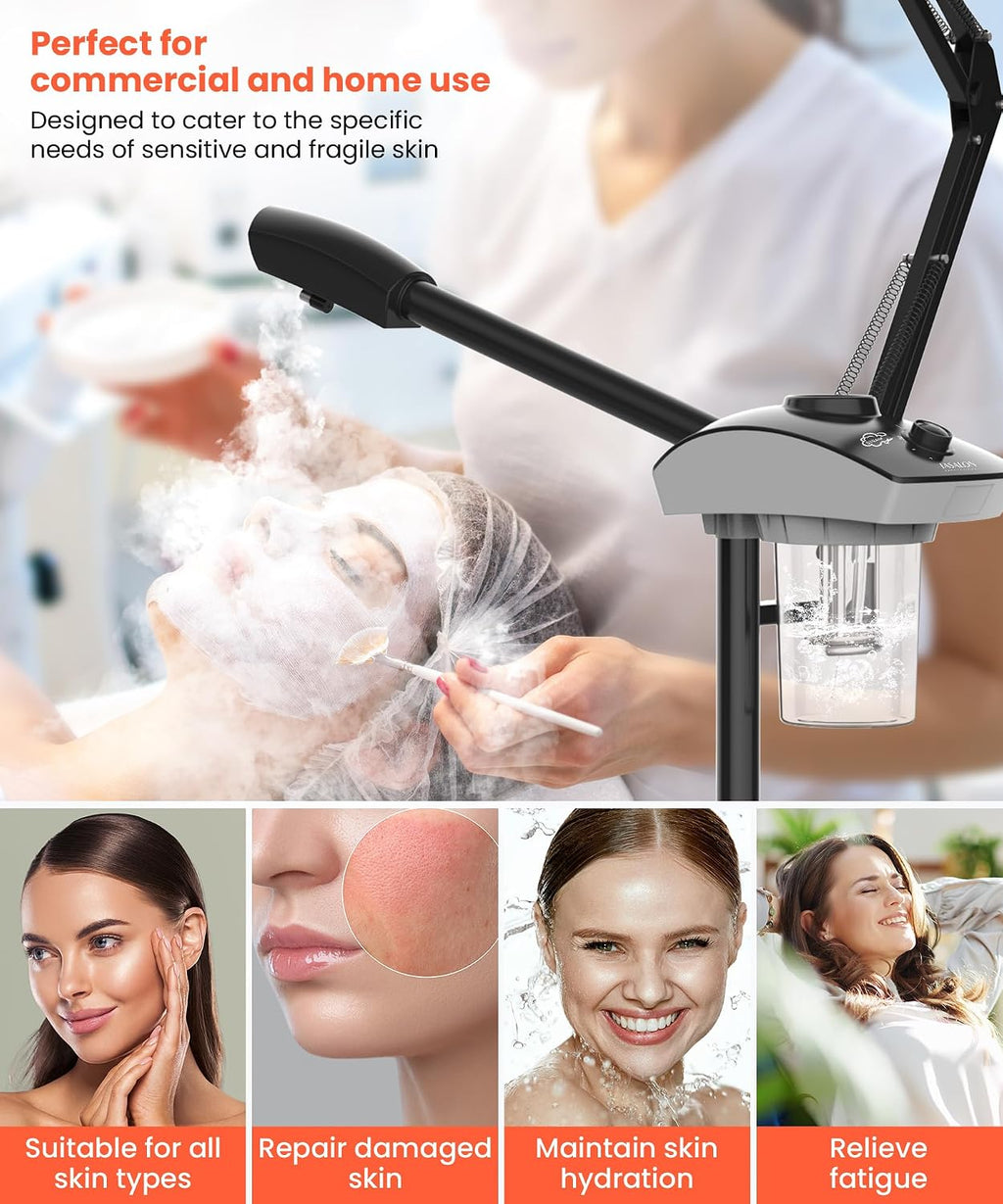 2-in-1 Professional Facial Steamer with 5X Magnifying Lamp | Esthetician Steamer on Wheels with Ozone and Hot Mist