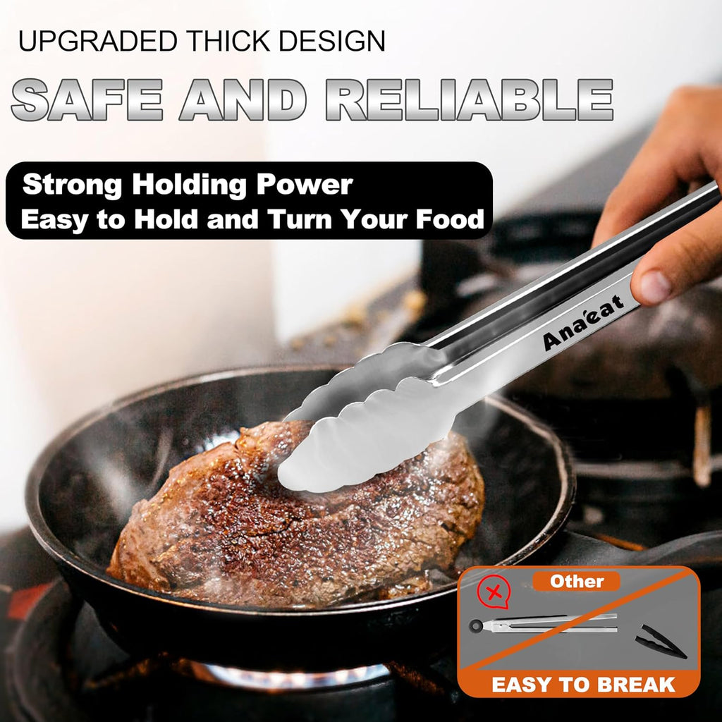 Premium Kitchen Locking Tong Set of 3 - Heavy Duty Stainless Steel Food Tongs with Long Handle & Non-Slip Silicone
