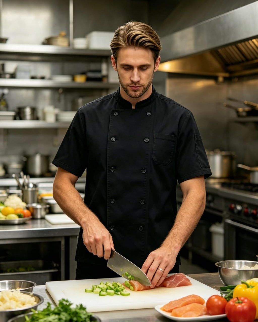 Chef Coat Men with Short Sleeve & Breathable Mesh, Castor