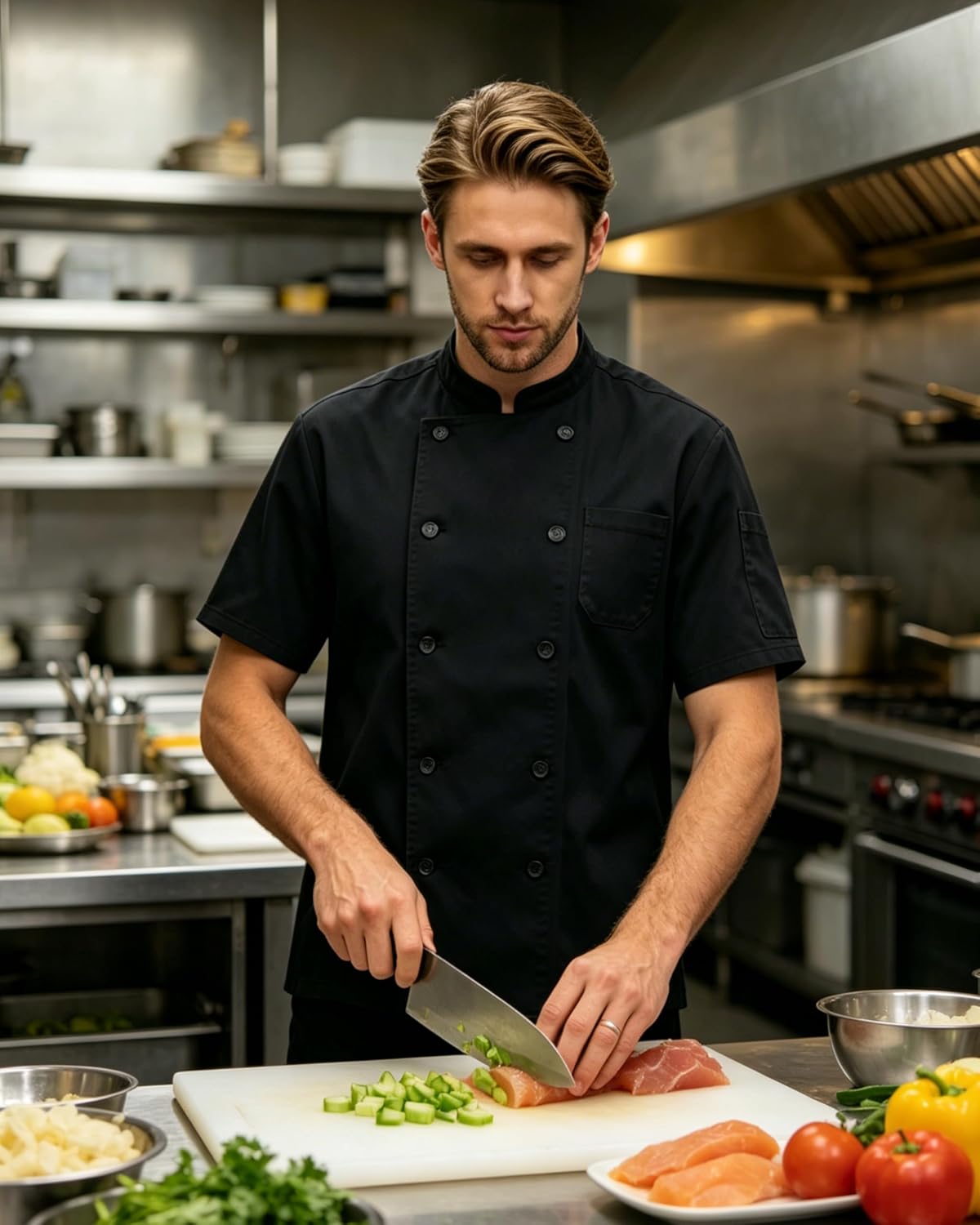 Chef Coat Men with Short Sleeve & Breathable Mesh, Castor