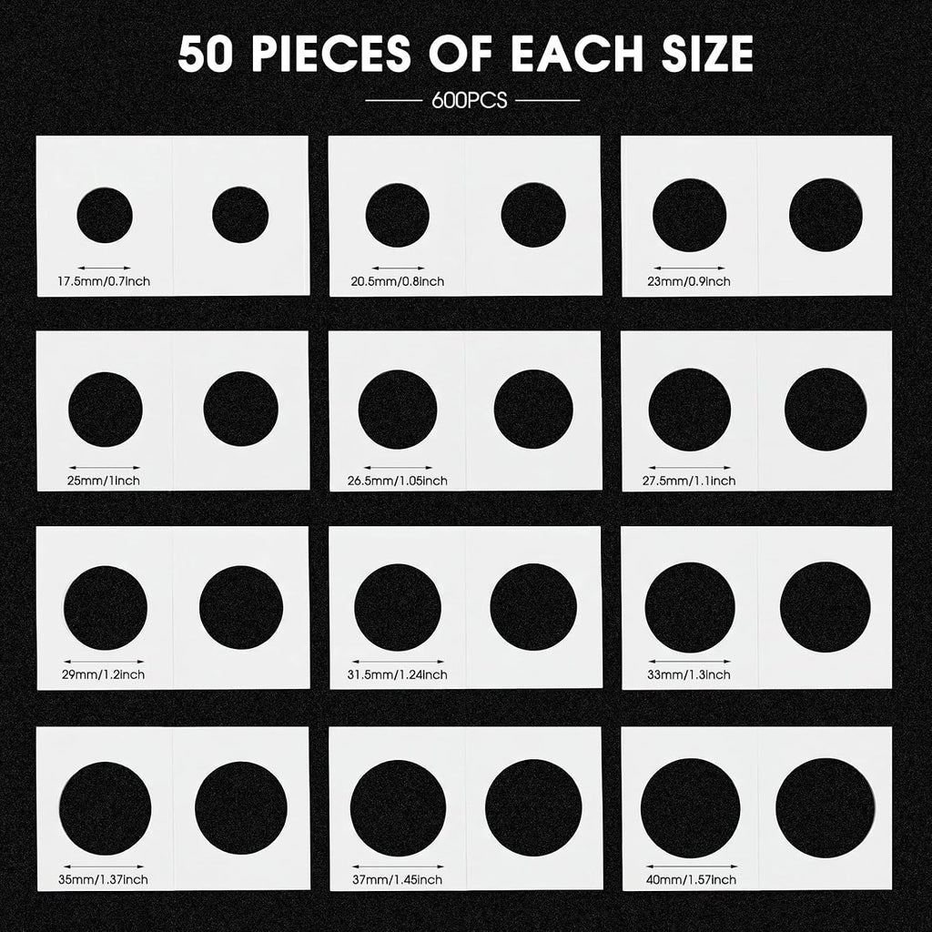 600 Self Adhesive Coin Holders, Cardboard 2" x 2" Holders, Many Assorted Sizes Coin Flips Collection Supplies