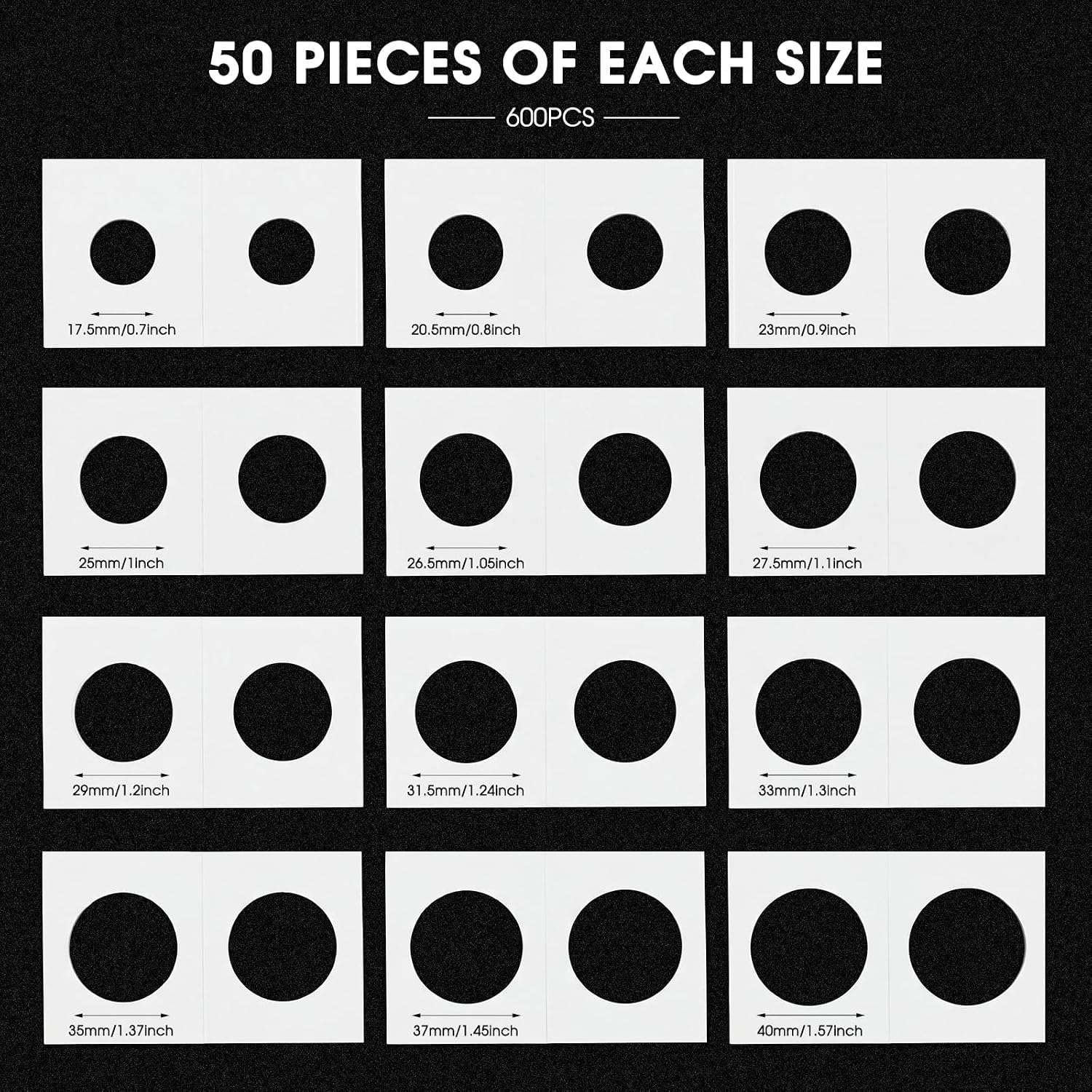 600 Self Adhesive Coin Holders, Cardboard 2" x 2" Holders, Many Assorted Sizes Coin Flips Collection Supplies