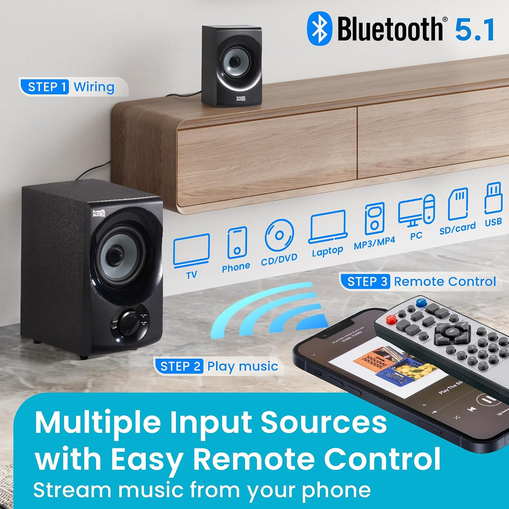 Acoustic Audio AA5172 700W Bluetooth Home Theater 5.1 Speaker System with FM Tuner, USB, SD Card, Remote Control