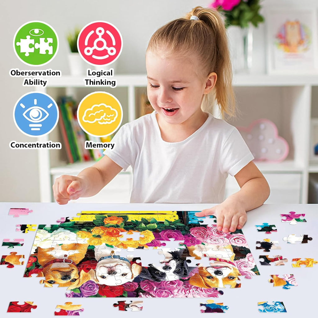 100 Piece Puzzles for Kids Ages 4-6 6-8 8-10 – Dogs Puzzles & Flower Jigsaw Puzzle, Large Piece Puzzles for Kids