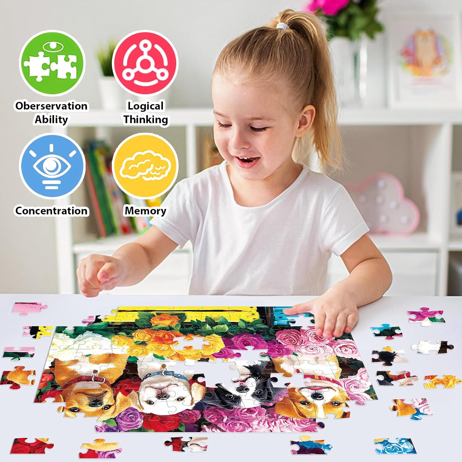 100 Piece Puzzles for Kids Ages 4-6 6-8 8-10 – Dogs Puzzles & Flower Jigsaw Puzzle, Large Piece Puzzles for Kids