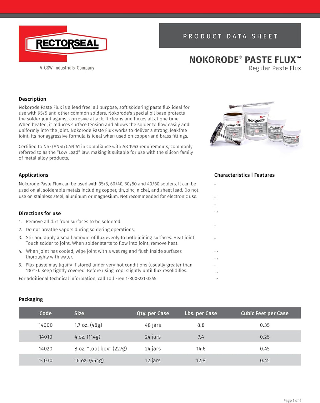 RectorSeal Nokorode 14000 Paste Flux, Cleans and Fluxes, Plumbing, 1.7 oz.