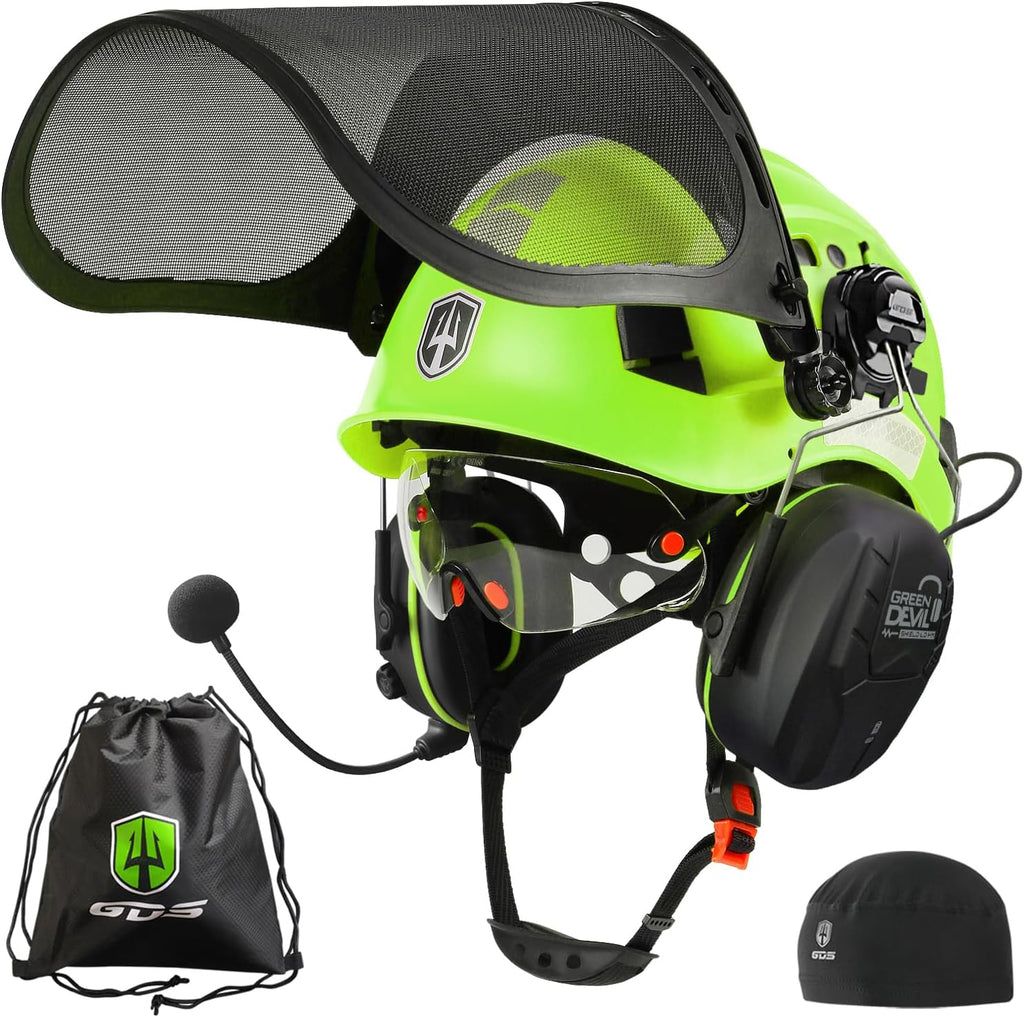 Forestry Chainsaw Safety Helmet with Bluetooth Ear Muffs Arborist Helmet Hard Hat with Built-in Visor Mesh Face