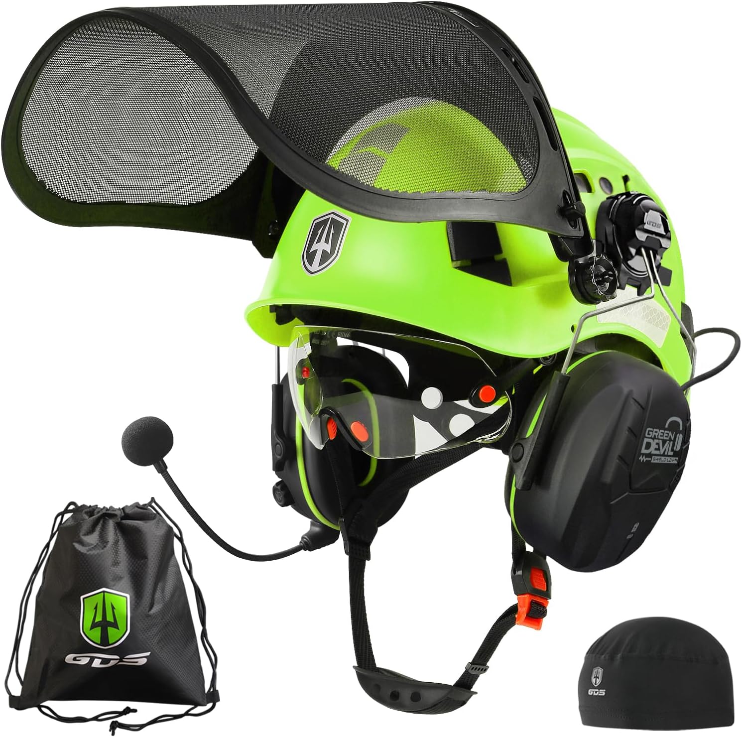Forestry Chainsaw Safety Helmet with Bluetooth Ear Muffs Arborist Helmet Hard Hat with Built-in Visor Mesh Face