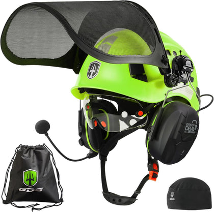 Forestry Chainsaw Safety Helmet with Bluetooth Ear Muffs Arborist Helmet Hard Hat with Built-in Visor Mesh Face