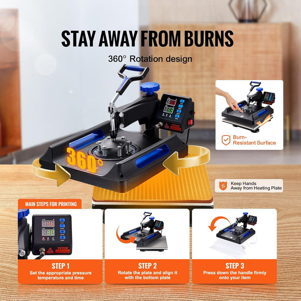 Heat Press Machine 15x15 in Upgrade 5 in 1 Heat Transfer Machine Blue | Multifunction Transfer Machine Sublimation